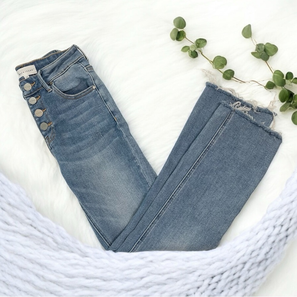 RISEN JEANS High Rise Denim Jeans with Button Fly Straight Leg - Picture 15 of 16